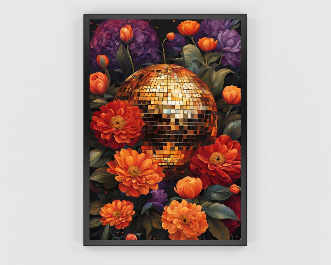 Gold Disco Ball Among Orange Marigolds On Dark Floral Poster - Image 3