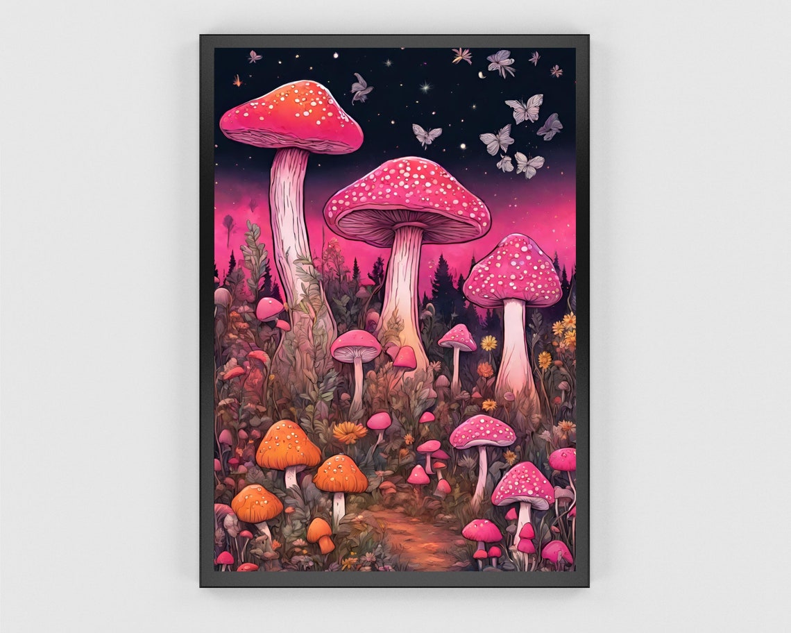 Magical Pink Mushroom Night Art Starry Forest Toadstool Print - Image 3