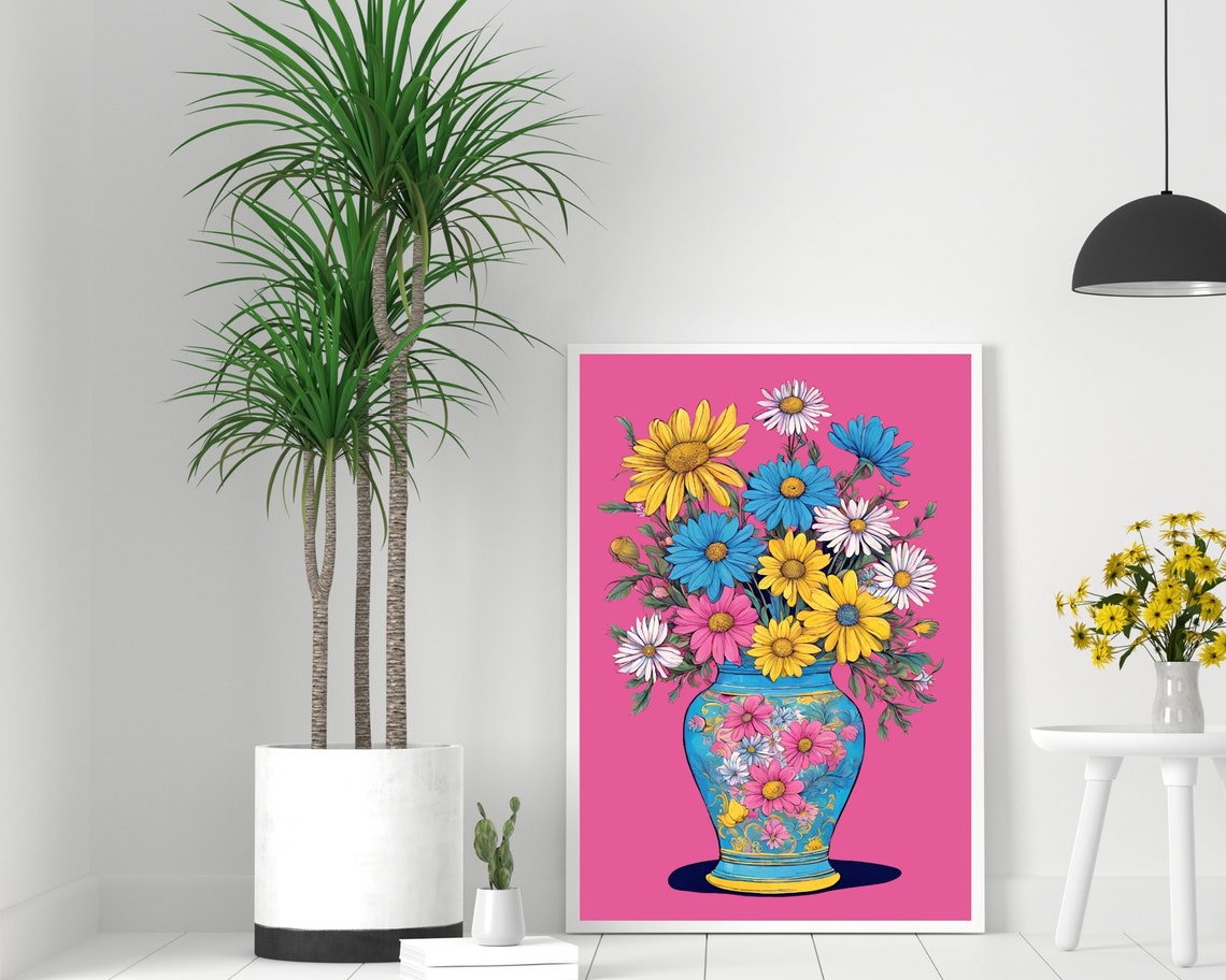 Colorful Daisy Bouquet Blue Vase Magenta Background Art Poster - Image 2
