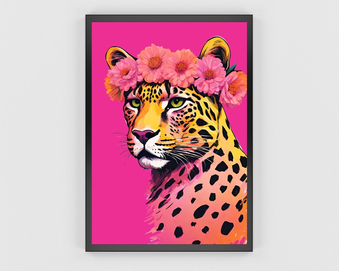 Leopard Flower Crown Pop Art Hot Pink Bold Feline Portrait Print - Image 3