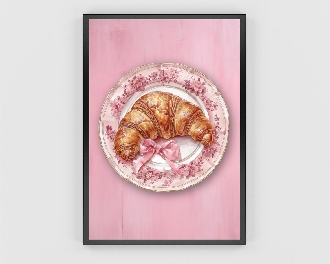 Golden Croissant On Floral China Plate With Pink Bow Cafe Poster - Image 3