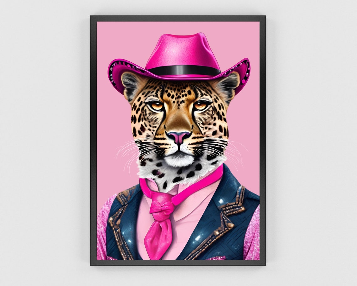 Leopard Cowboy In Pink Hat And Shirt Retro Western Portrait Poster - Image 3