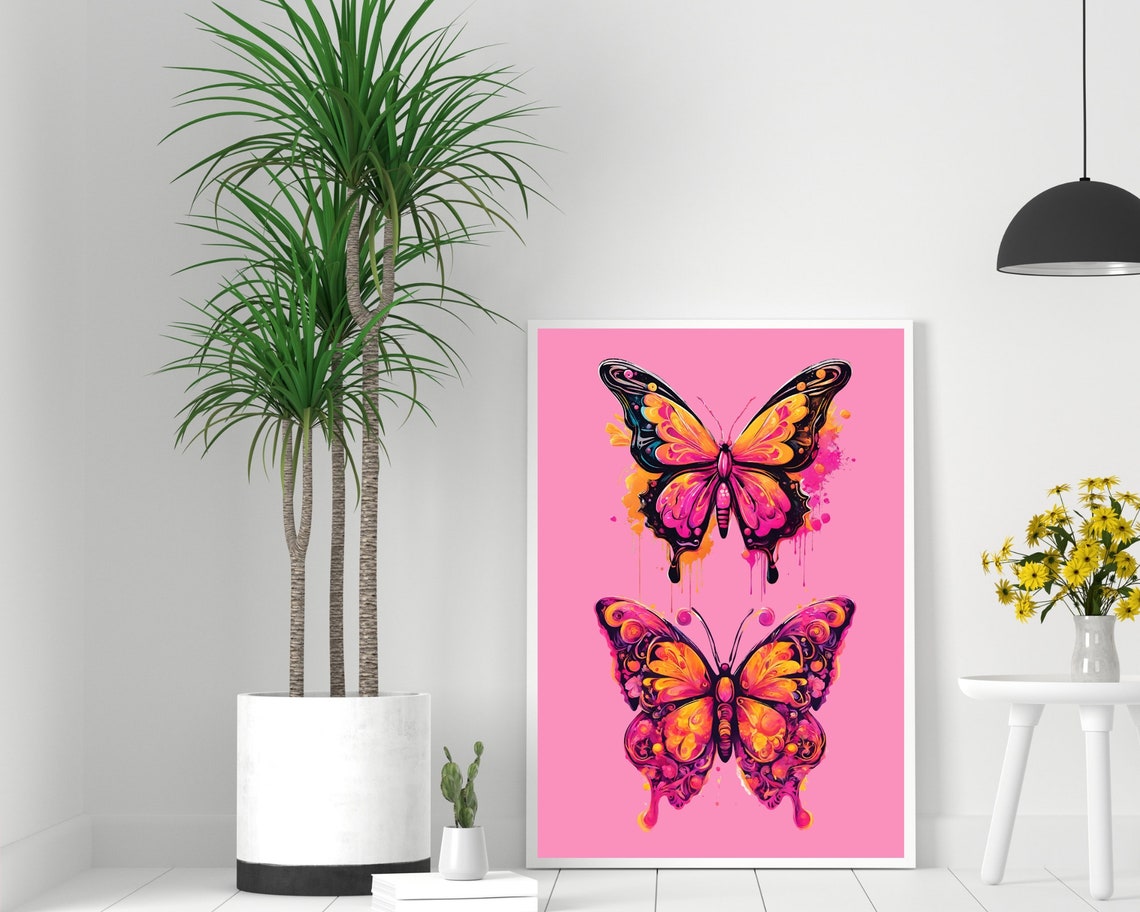 Neon Butterfly Graffiti Art Pink Orange Drip Pop Insect Wall Print - Image 2
