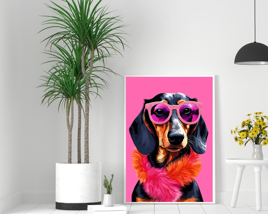 Diva Dachshund Leopard Sunglasses Feather Boa Pink Pop Wall Poster - Image 2