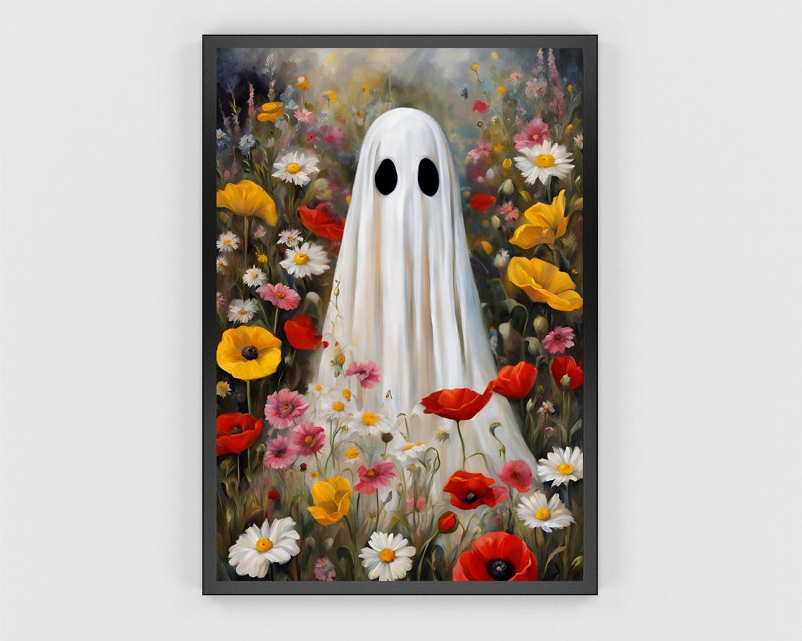 Cute White Ghost Standing In Colorful Wildflower Meadow Poster - Image 3