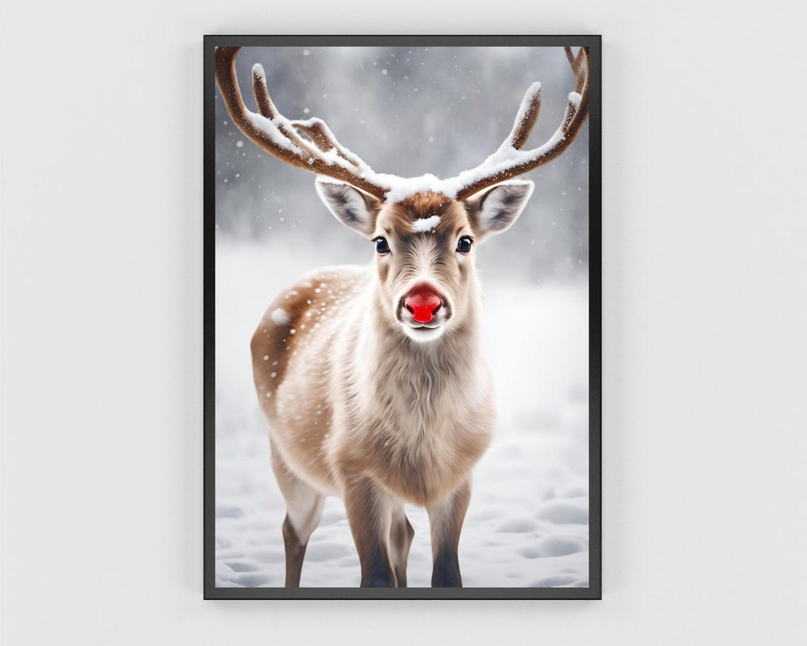 Adorable Red Nose Reindeer Standing in Falling Snow Winter Poster - Image 3