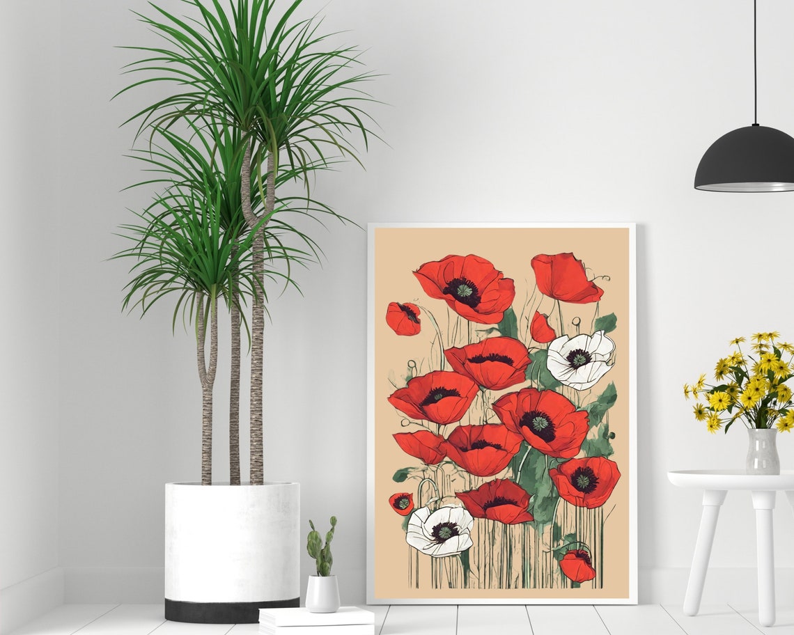 Red White Poppies Beige Background Watercolor Botanical Flower Poster - Image 2