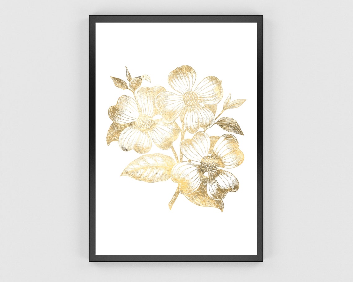 Gold Floral Botanical White Flower Elegant Gold Leaf Art Poster - Image 2