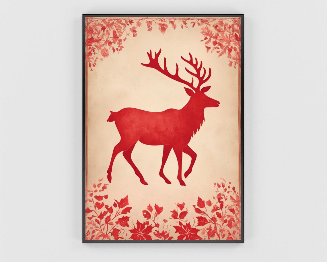 Red Reindeer Silhouette with Botanical Border Holiday Poster - Image 3