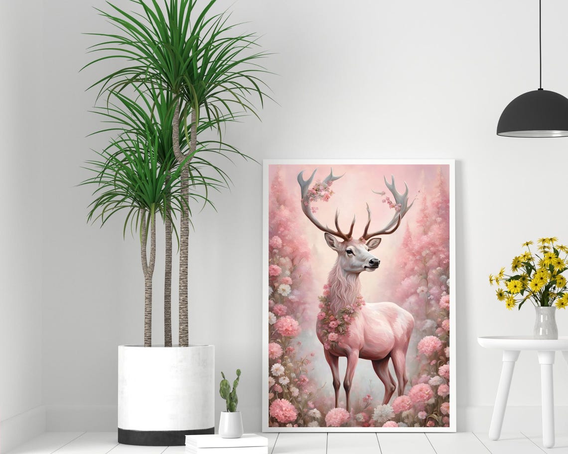 Magical Pink Stag Antlers Blossom Forest Christmas Deer Poster - Image 2