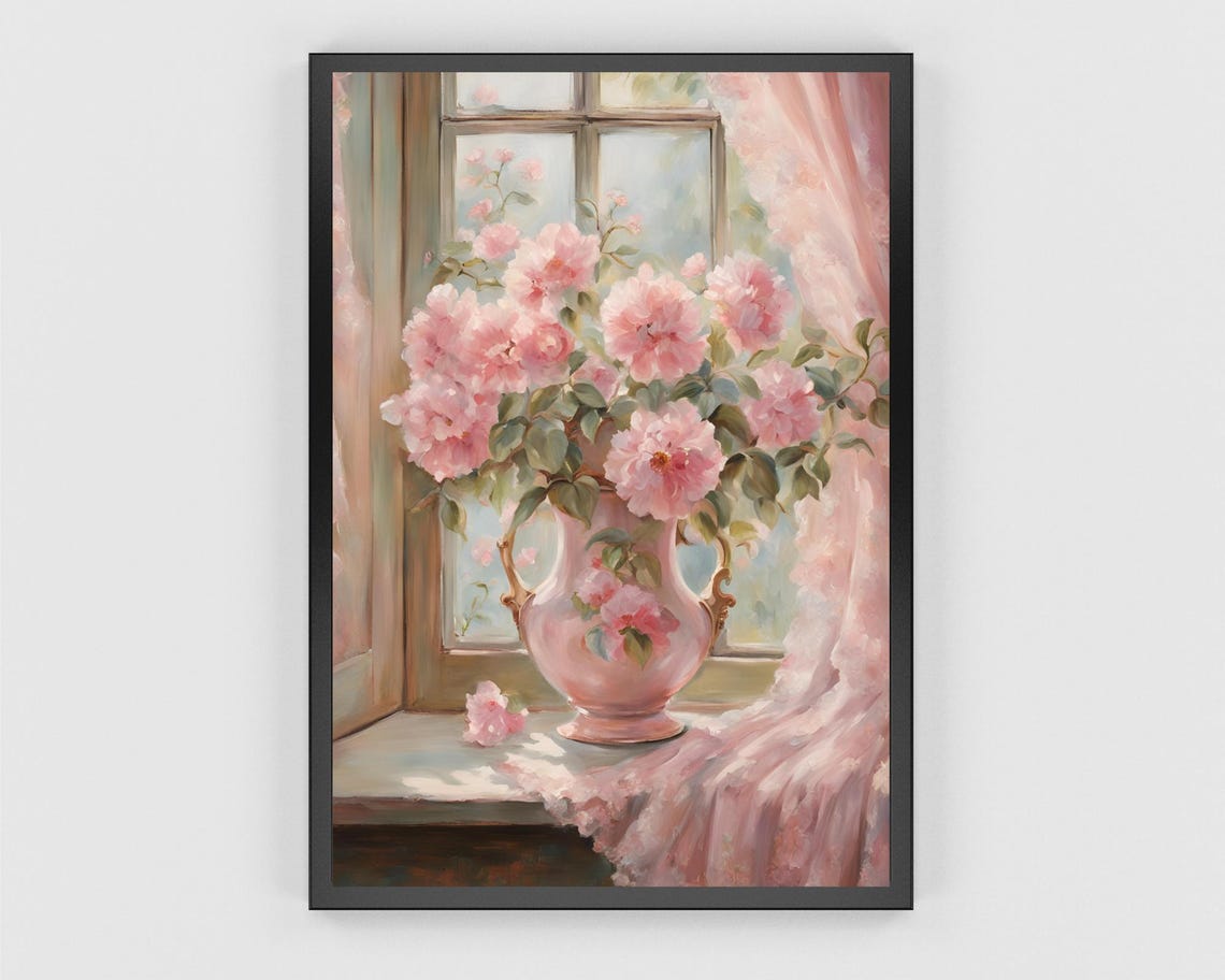 Pink Roses in a Vase by the Window Vintage Painting Decor Poster - Image 3