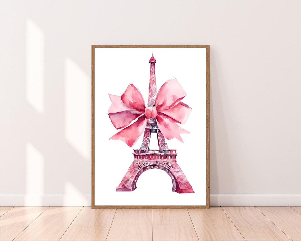 Paris Eiffel Tower Pink Bow Watercolor Art Print - Image 2
