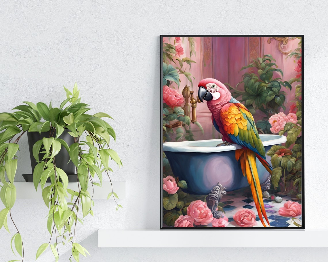 Macaw Parrot Blue Bathtub Pink Tropical Bathroom Bird Poster - Image 2