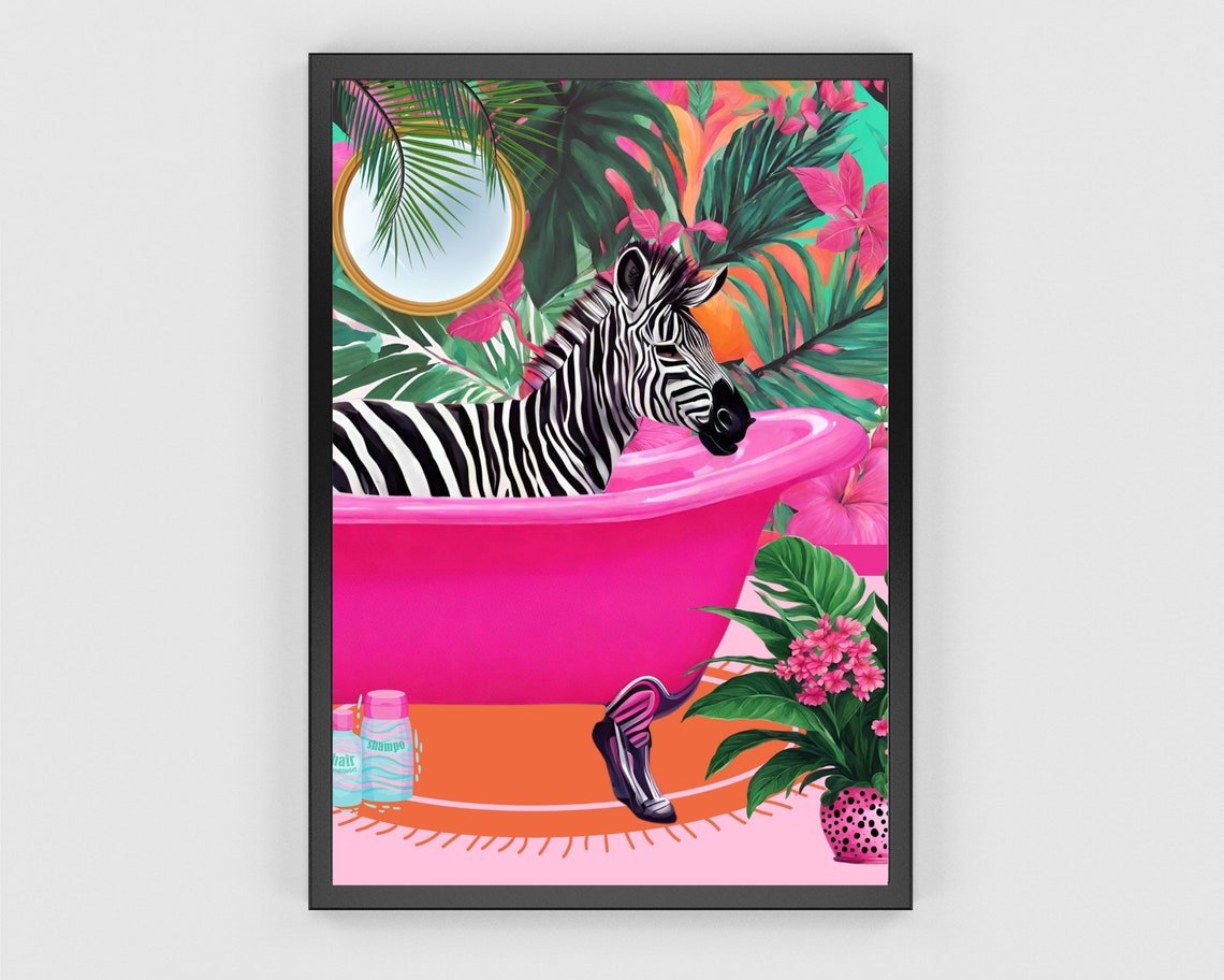 Zebra Hot Pink Bathtub Art Tropical Bath Lounge Preppy Wall Print - Image 3