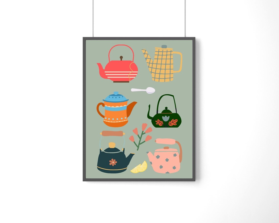 Retro Teapots Art Print, Botanical Kitchen Decor - Image 3