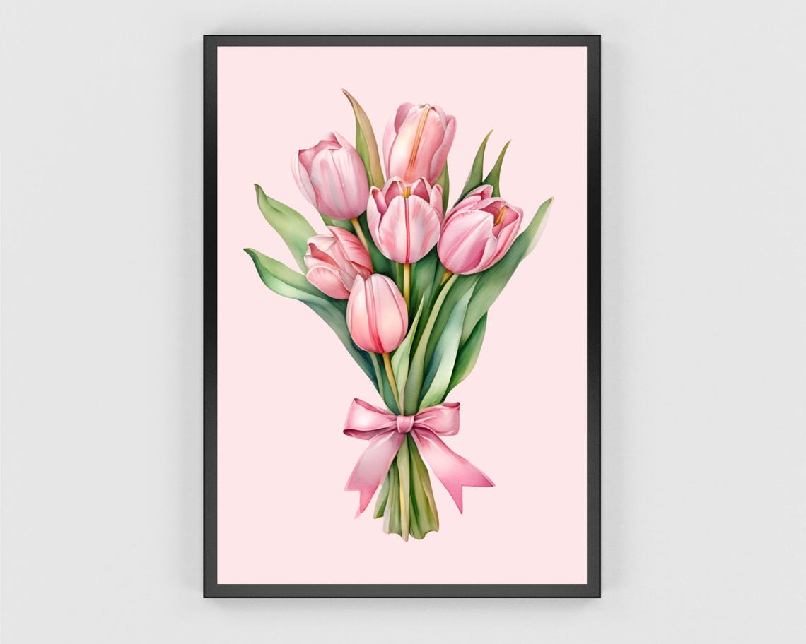 Pink Tulip Bouquet Tied with a Bow Watercolor Spring Decor Poster - Image 3