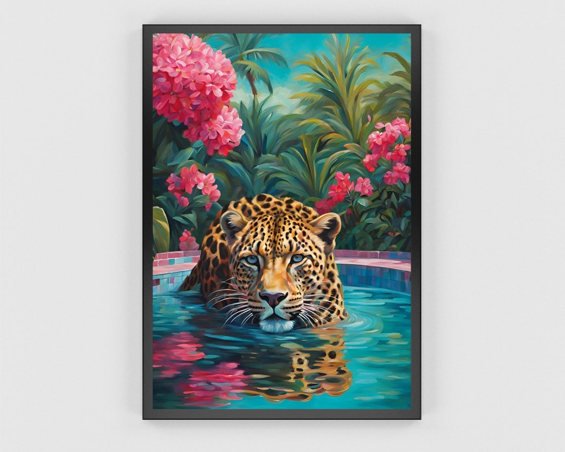 Leopard Swimming In A Tropical Pool With Pink Flowers Poster - Image 3