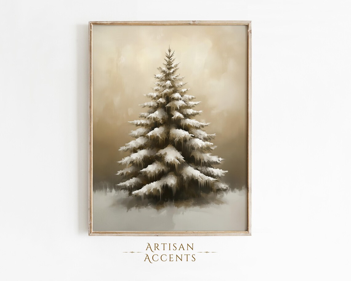 Snowy Evergreen Tree Beige Gold Minimalist Christmas Wall Art Print