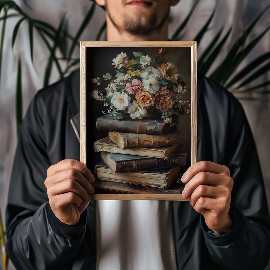Vintage Books Stacked With Wildflowers Still Life Oil Painting Print - Image 5