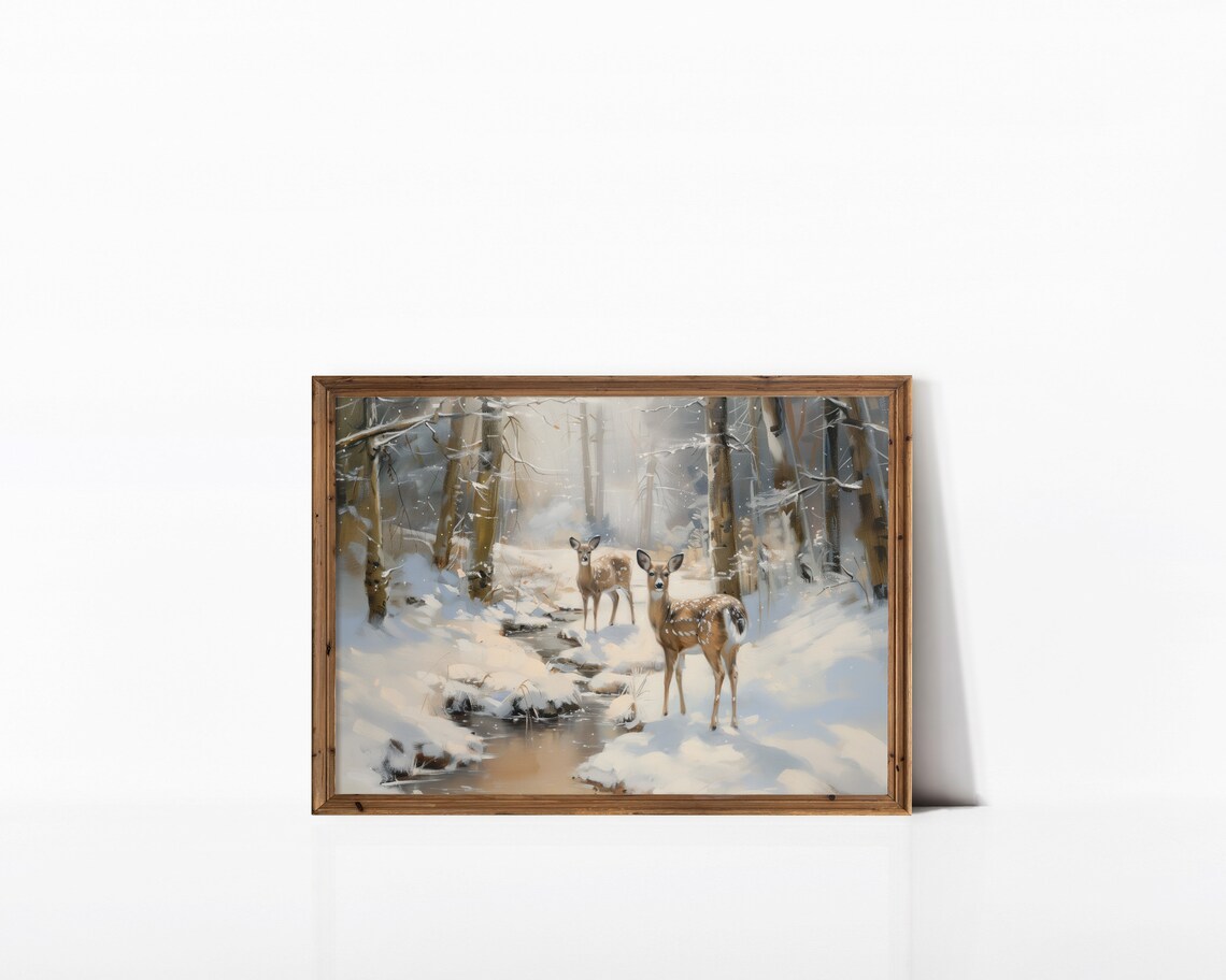 Deer Snowy Winter Forest Stream Vintage Wildlife Oil Painting Poster - Image 2