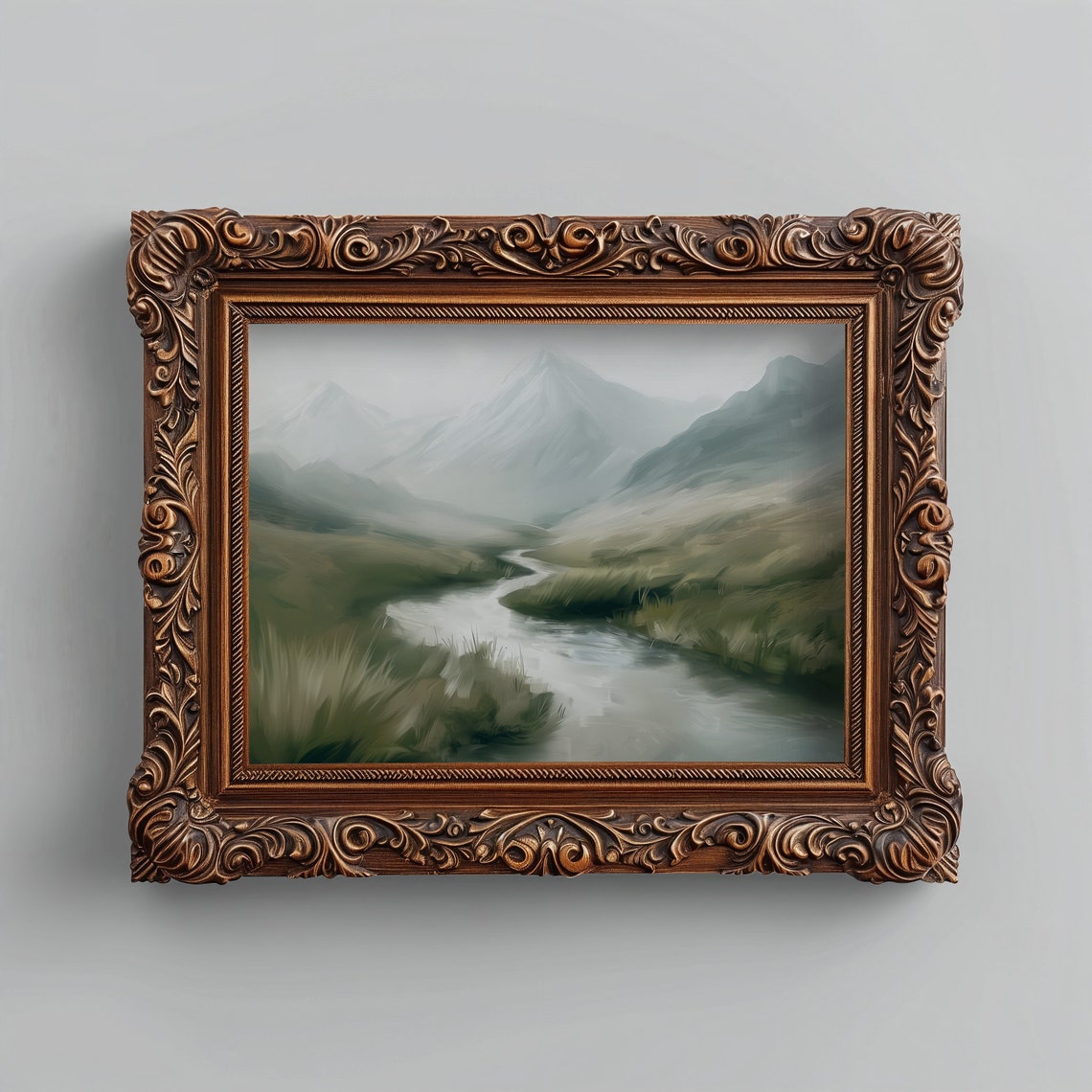 Winding River Green Valley Misty Mountains Soft Sage Landscape Poster - Image 4