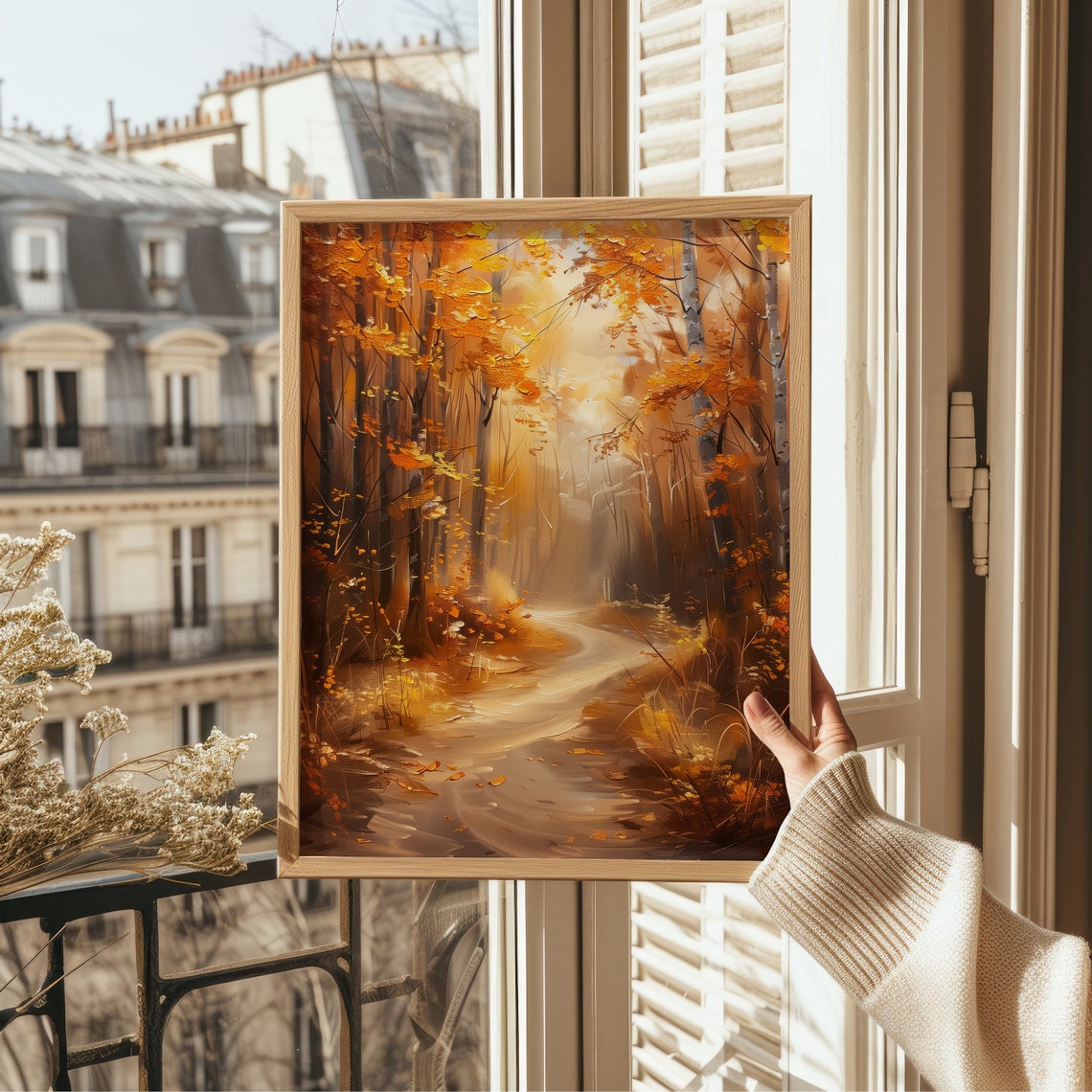 Golden Autumn Forest Path Sunlit Fall Trees Oil Painting Wall Art - Image 2