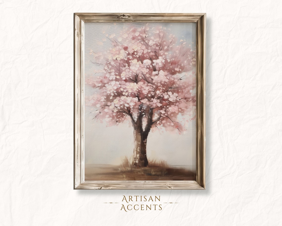 Lone Cherry Blossom Tree Pink Bloom Soft Spring Landscape Art Print