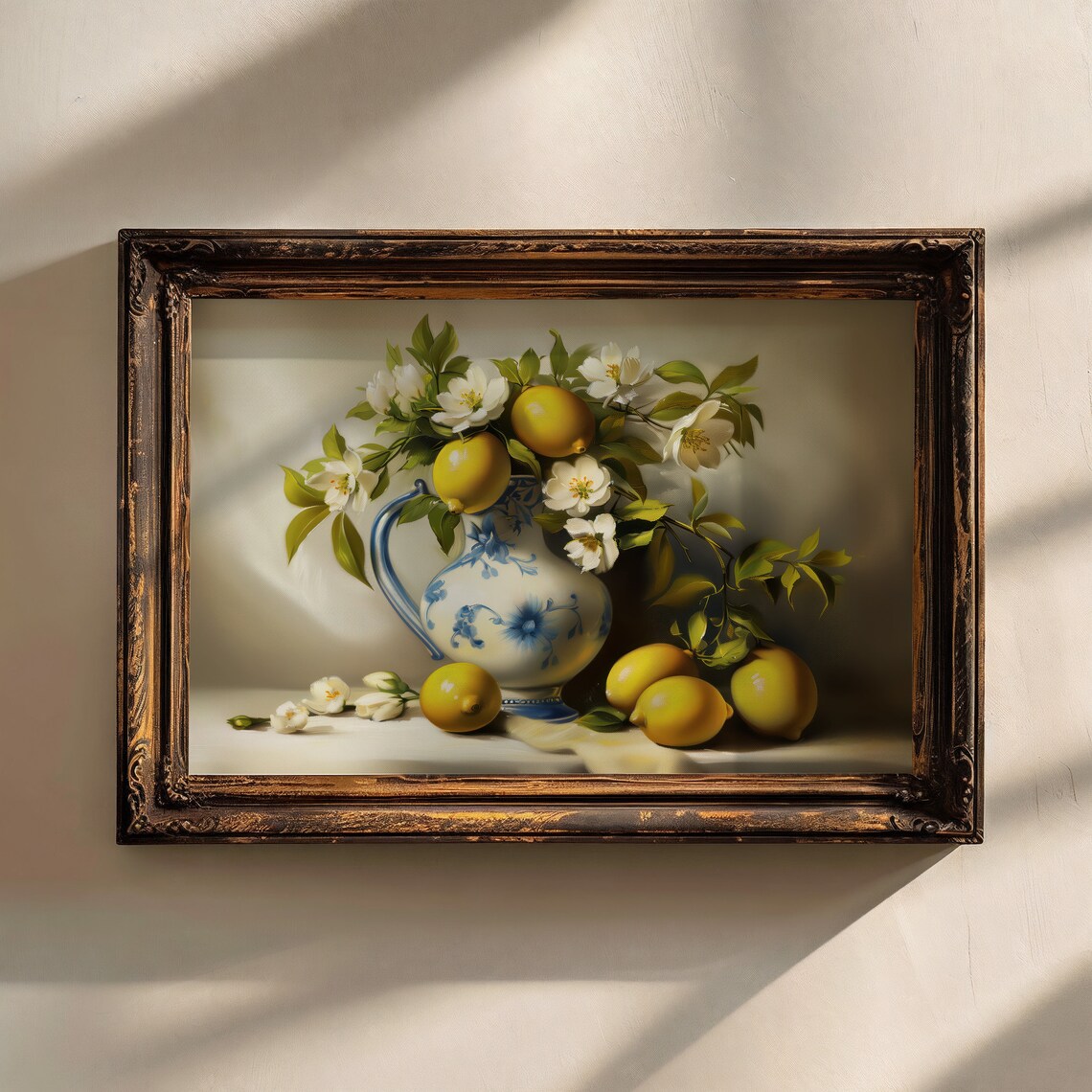 Lemons White Blossoms Blue White Porcelain Pitcher Still Life Art Print - Image 2