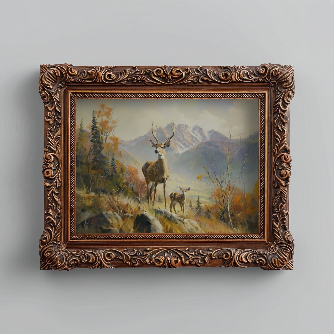 Stag And Fawn In Autumn Mountain Landscape Wildlife Painting Print - Image 4