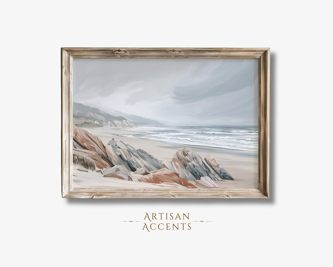 Rocky Cliff Beach With Crashing Waves Moody Coastal Painting Print