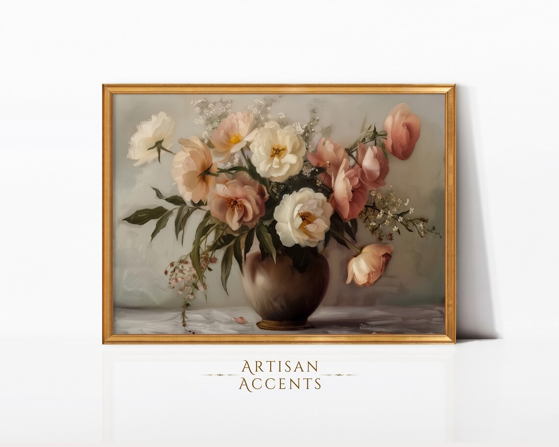 Blush Pink Peonies Bronze Vase Soft Romantic Floral Still Life Print