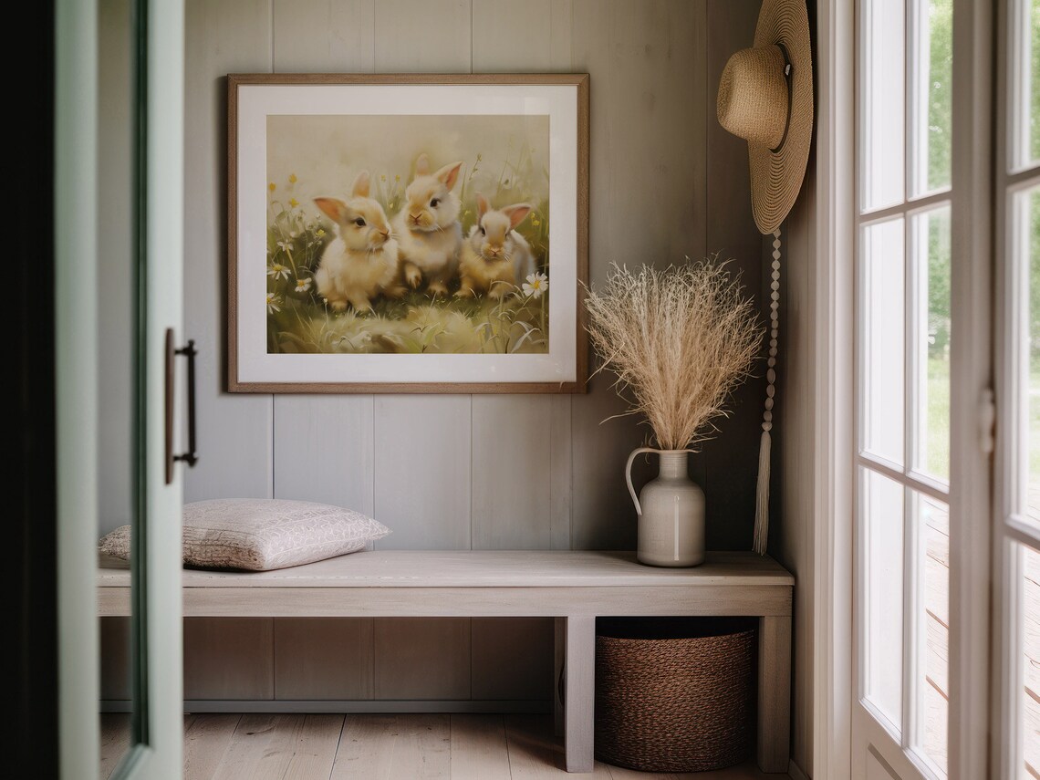 Three Baby Bunnies In Wildflower Meadow Spring Oil Painting Wall Art - Image 5