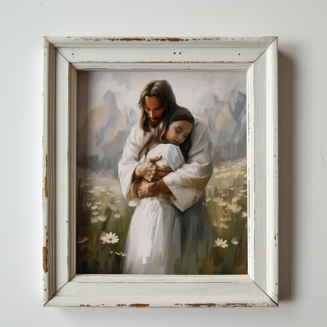 Jesus Hugging Woman Daisy Field Mountains Comforting Christian Art Print - Image 2