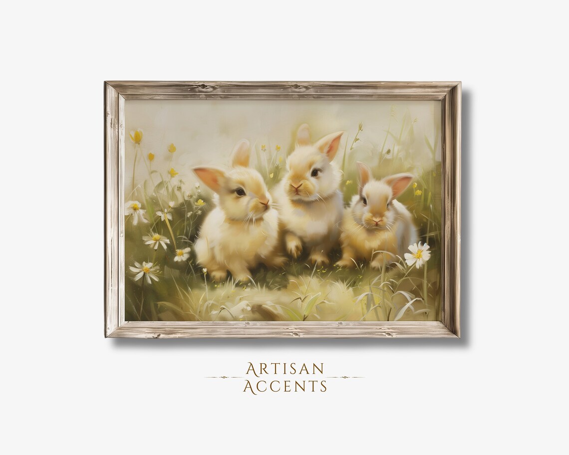 Three Baby Bunnies In Wildflower Meadow Spring Oil Painting Wall Art