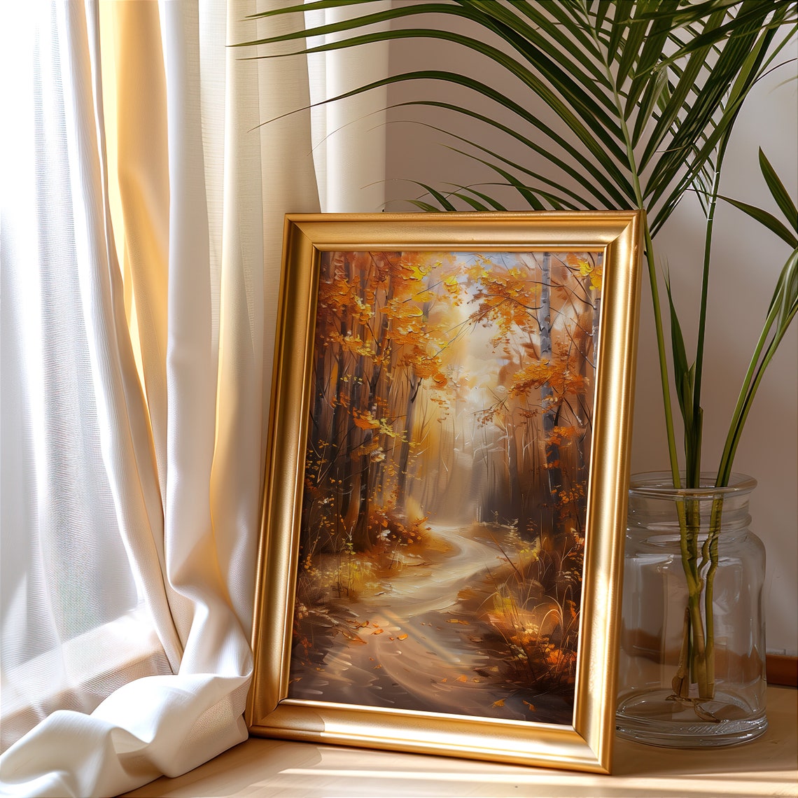 Golden Autumn Forest Path Sunlit Fall Trees Oil Painting Wall Art - Image 3