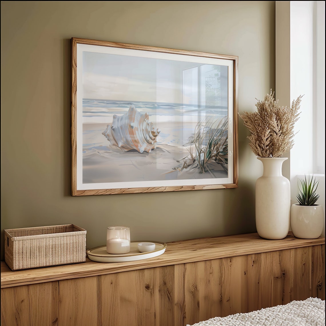 Seashell On Sandy Beach Ocean Waves Serene Coastal Still Life Print - Image 3