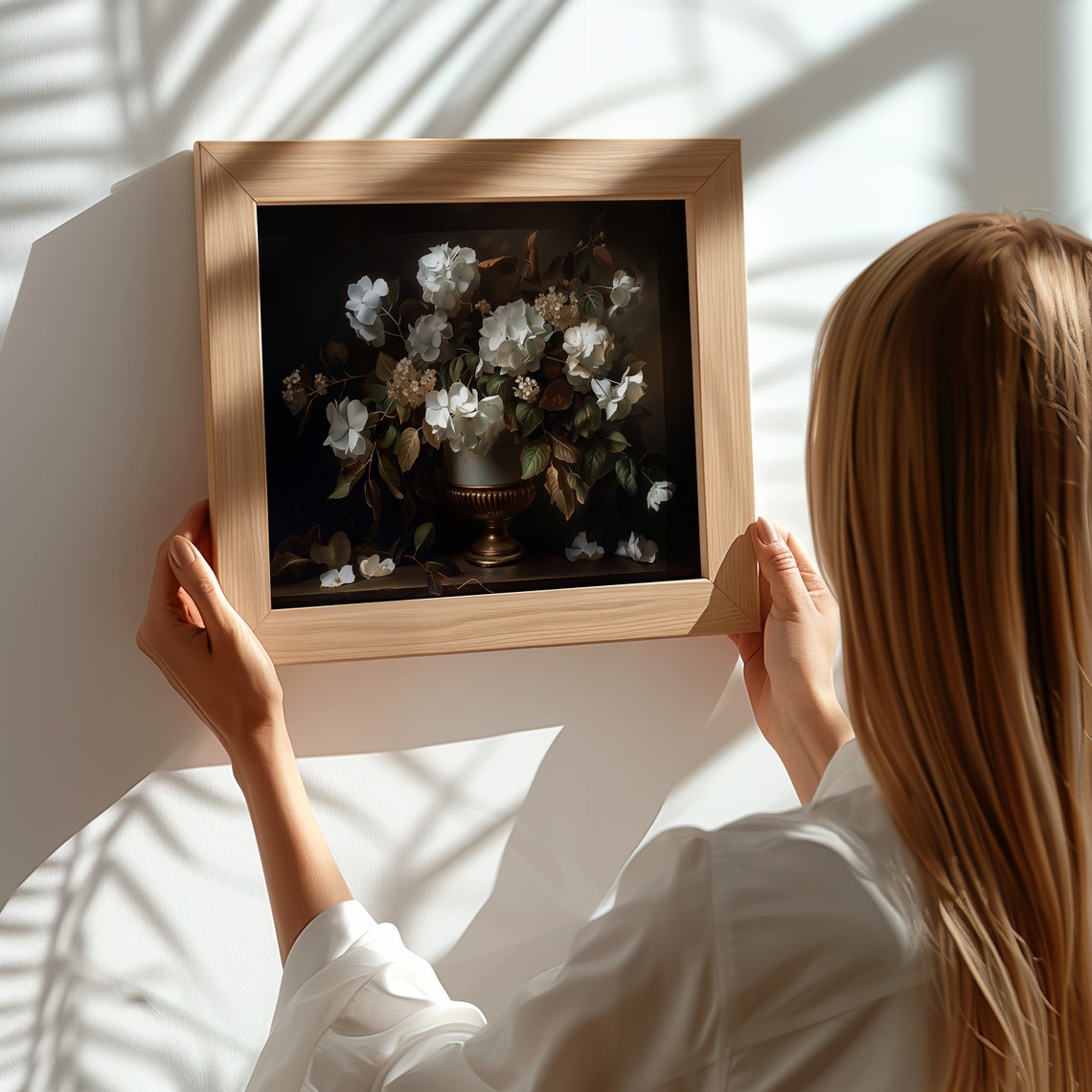 White Hydrangea Urn Dark Moody Floral Still Life Vintage Art Print - Image 2