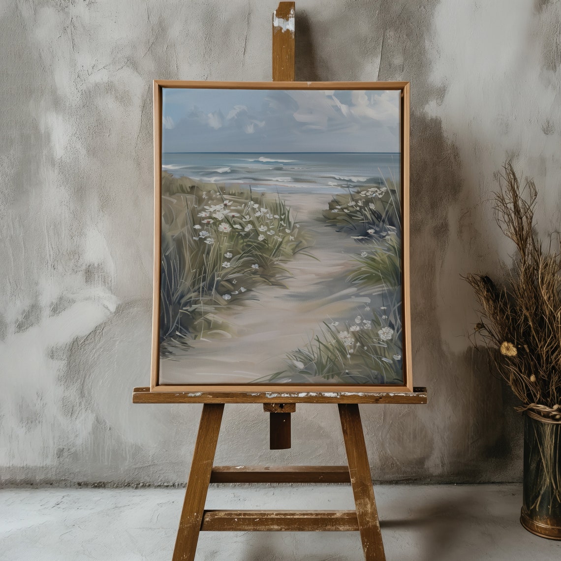 Sandy Beach Path Dune Grass White Wildflowers Ocean View Art Poster - Image 2