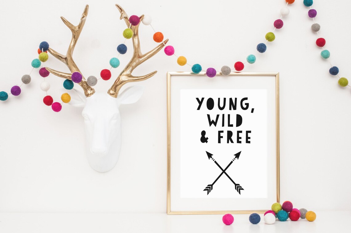 Young Wild Free Quote Crossed Arrows Black White Nursery Wall Art Decor