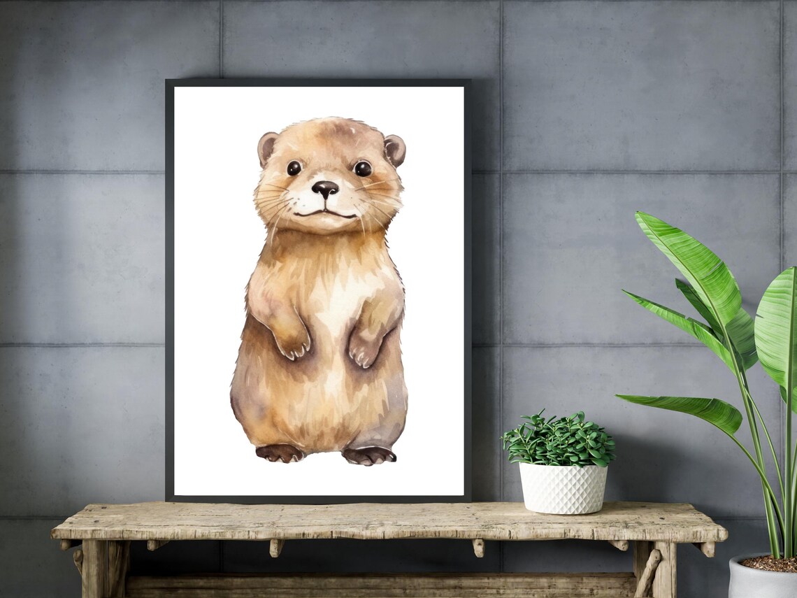 Adorable Baby Otter Watercolor Painting Nursery Animal Wall Art - Image 3