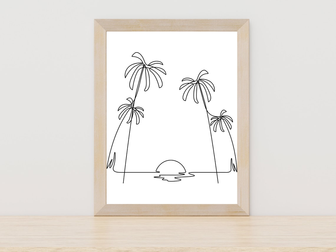 Palm Trees Sunset Beach One Line Art Coastal Home Decor Wall Art