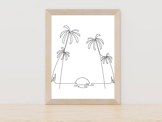 Palm Trees Sunset Beach One Line Art Coastal Home Decor Wall Art