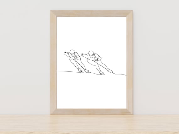 Two Speed Skaters Racing Winter Ice Line Art Minimalist Sports Poster