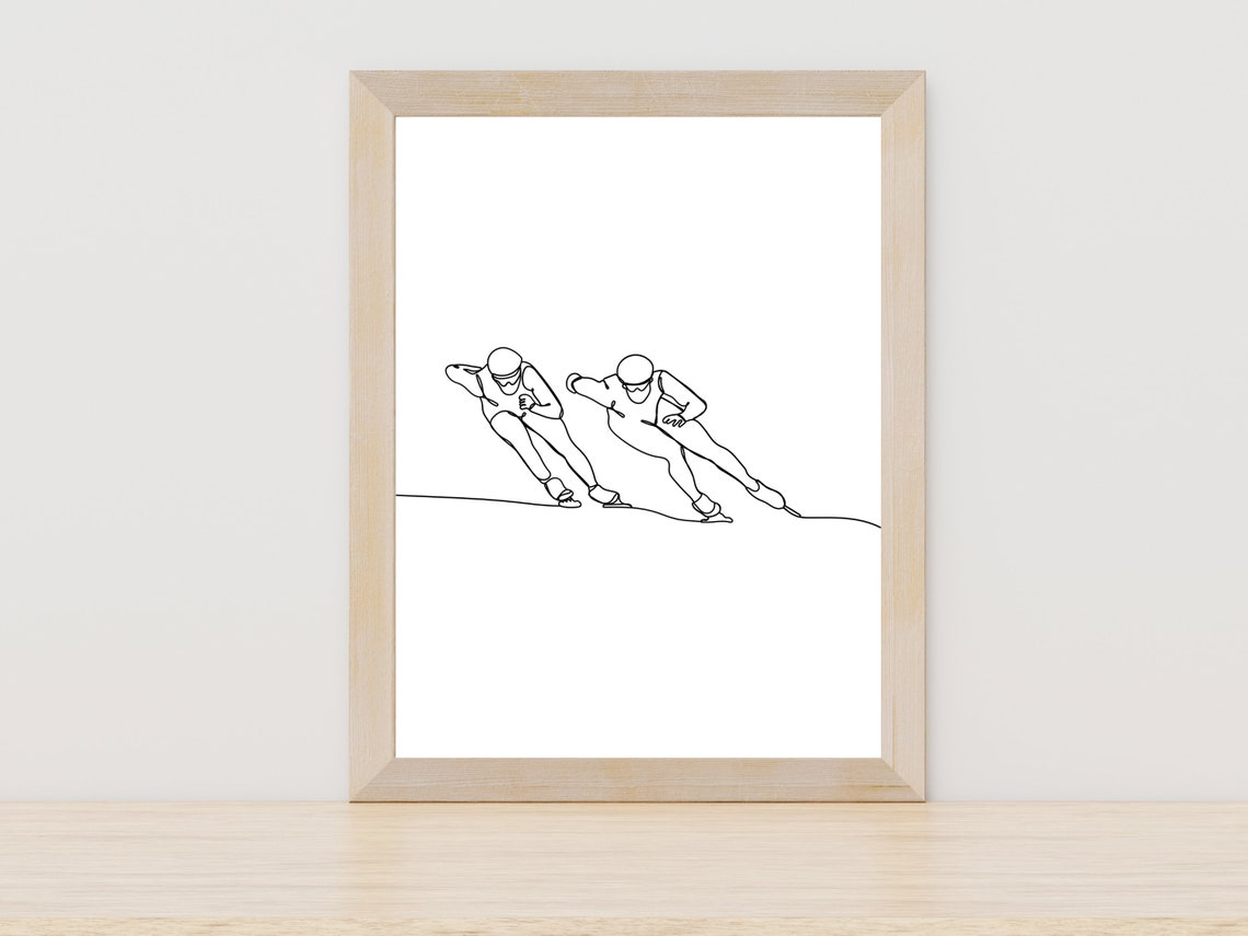 Two Speed Skaters Racing Winter Ice Line Art Minimalist Sports Poster