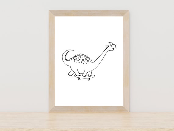 Dinosaur On Skateboard Line Art Minimalist Brontosaurus Print Brontosaurus Line Art Jurassic Animals Line Art Dinosaur Lovers Gift Art