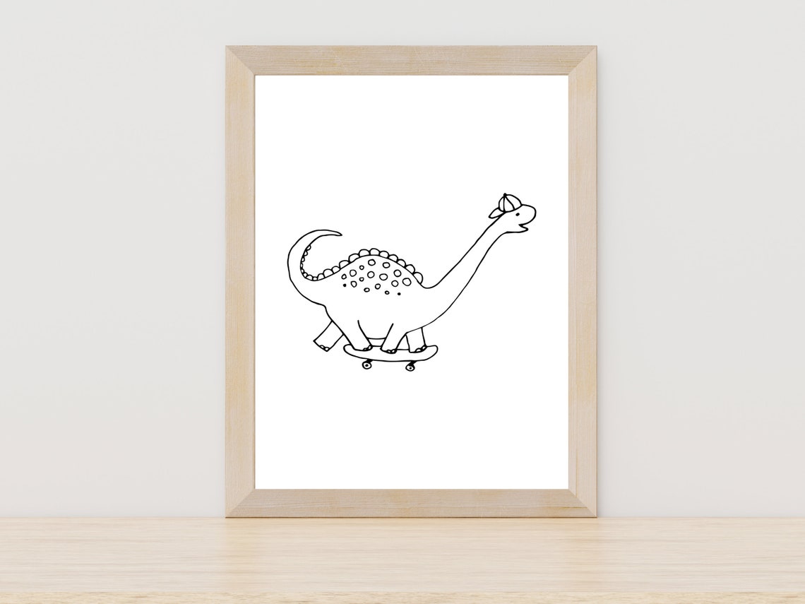 Brontosaurus On Skateboard Cute Dino Line Art Kids Room Print