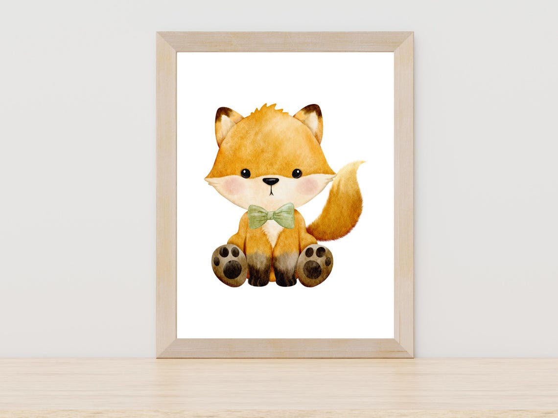 Cute Baby Fox with Bow Tie Watercolor Nursery Animal Art Poster