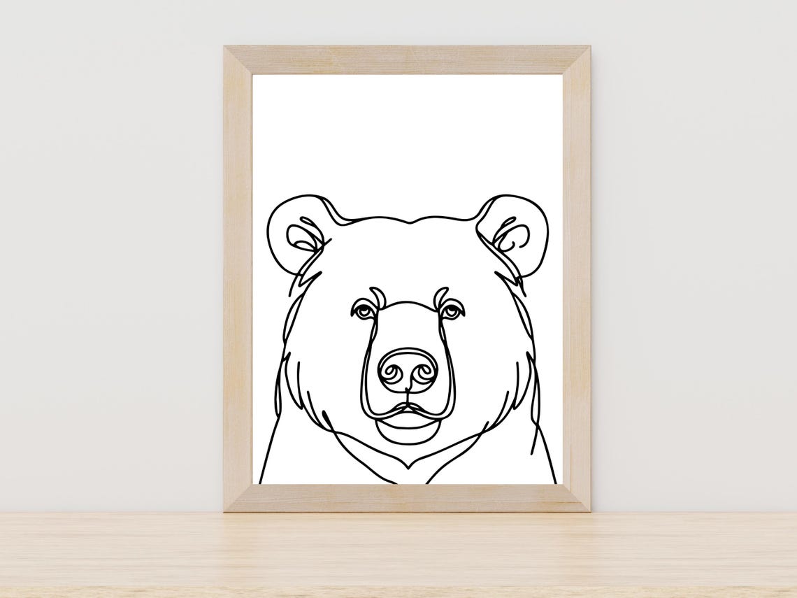 Bear Face One Line Drawing Minimalist Wildlife Animal Wall Poster