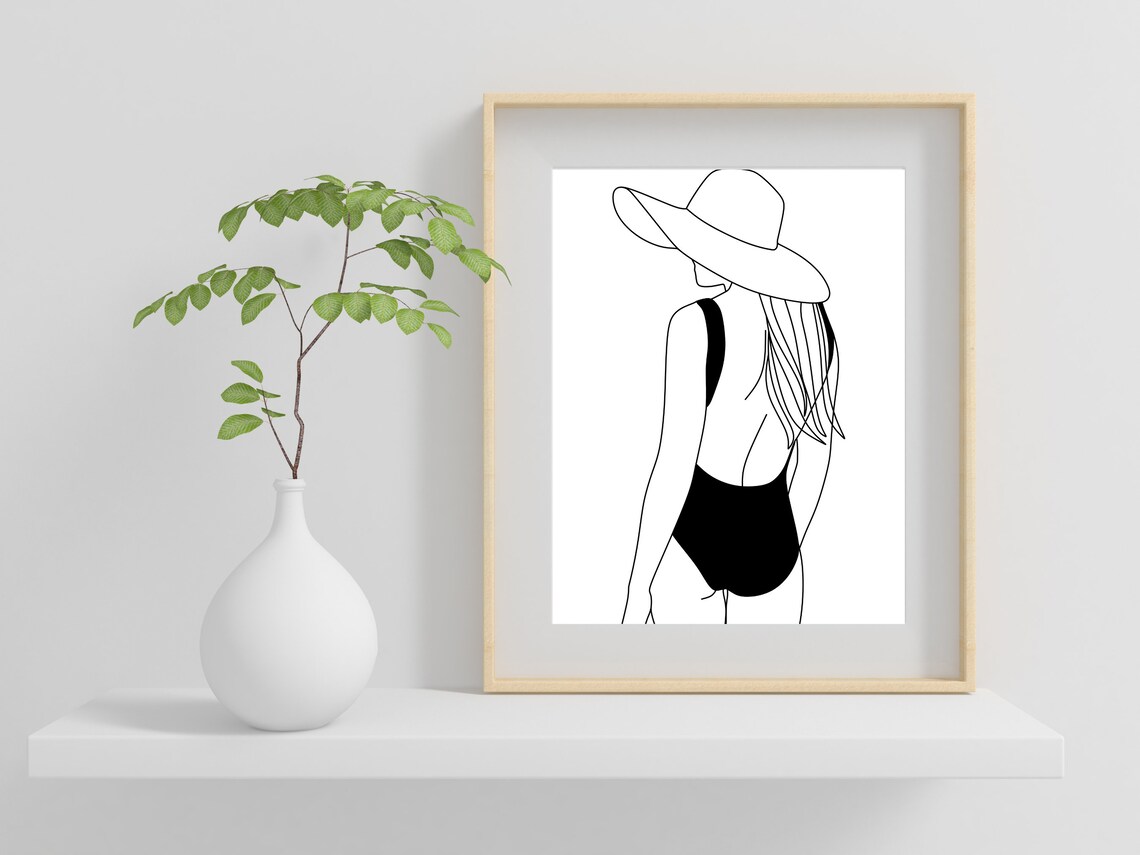 Woman in Sun Hat and Black Swimsuit Seen from Behind Line Art Poster - Image 2