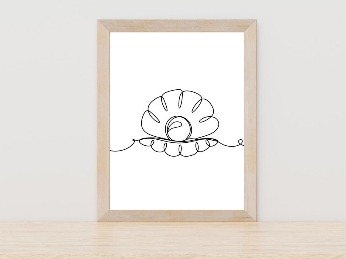 Pearl Clam Shell One Line Art Ocean Coastal Beach Decor Wall Art